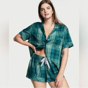 ✨VICTORIA'S SECRET Flannel Short Pajama Sz Small Shorts Sea Salt Green Plaid✨